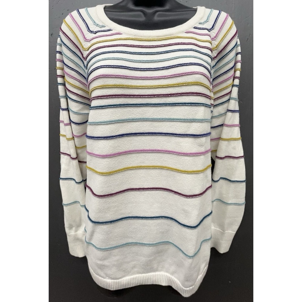 Talbots Sweater XL White Multicolor Striped Cotton Preppy Cottage Cozy Spring